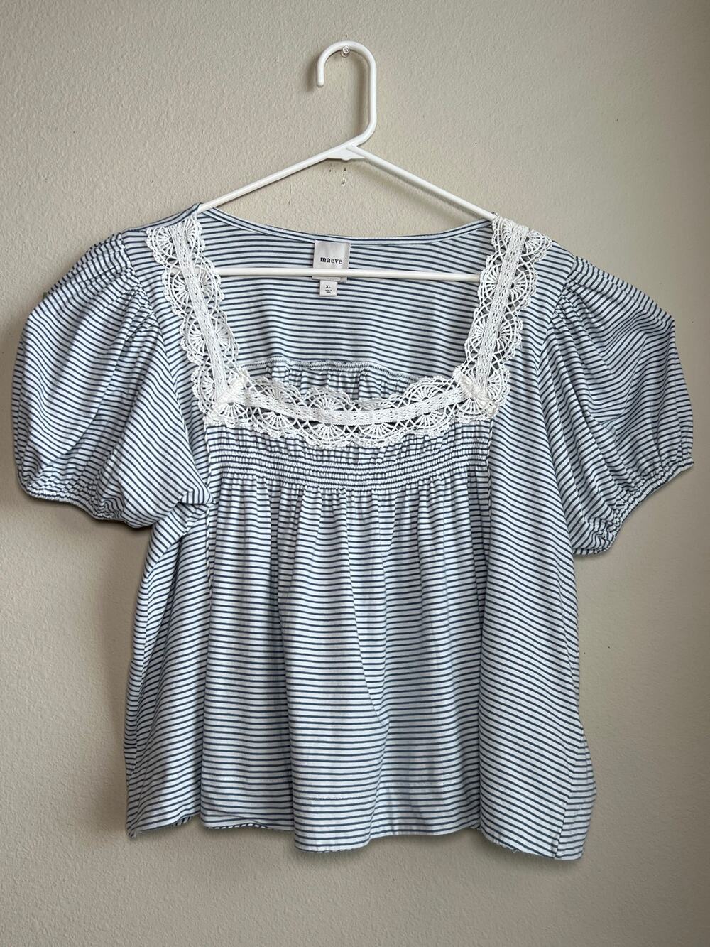 Maeve Striped Lace Trim Square Neck Puff Sleeve Swing Top Size XL